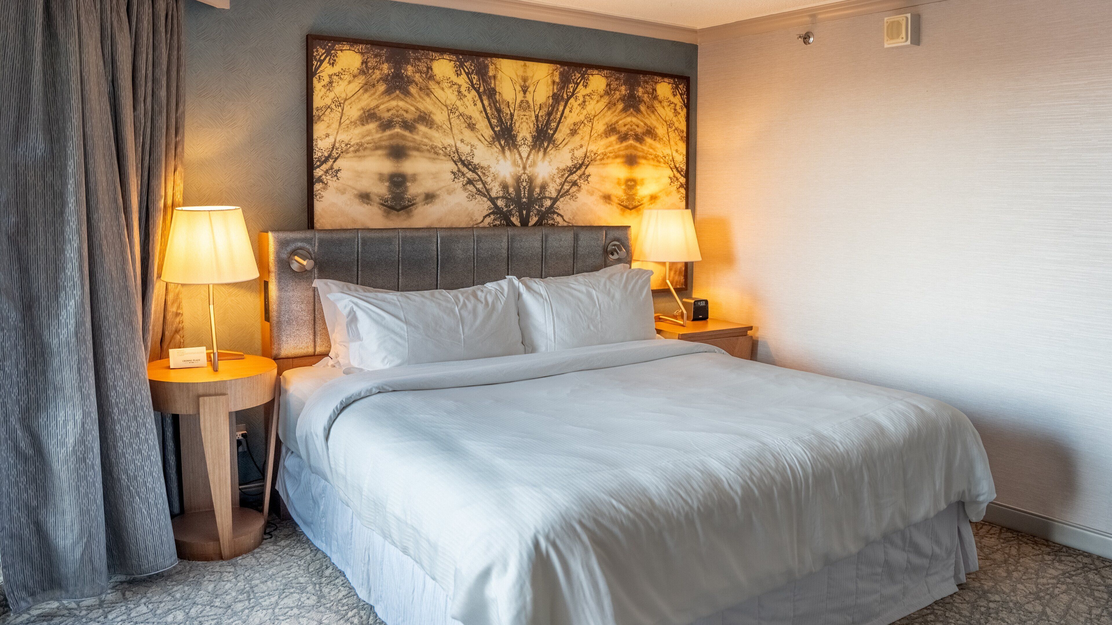 A hotel room with a bed, two bedside lamps, a headboard, and a wall-mounted artwork.