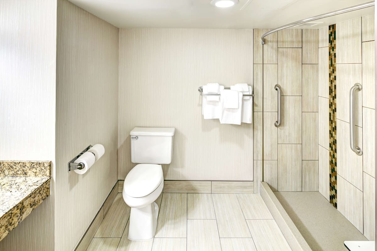 A modern bathroom with a toilet, a towel rack, and a shower area.