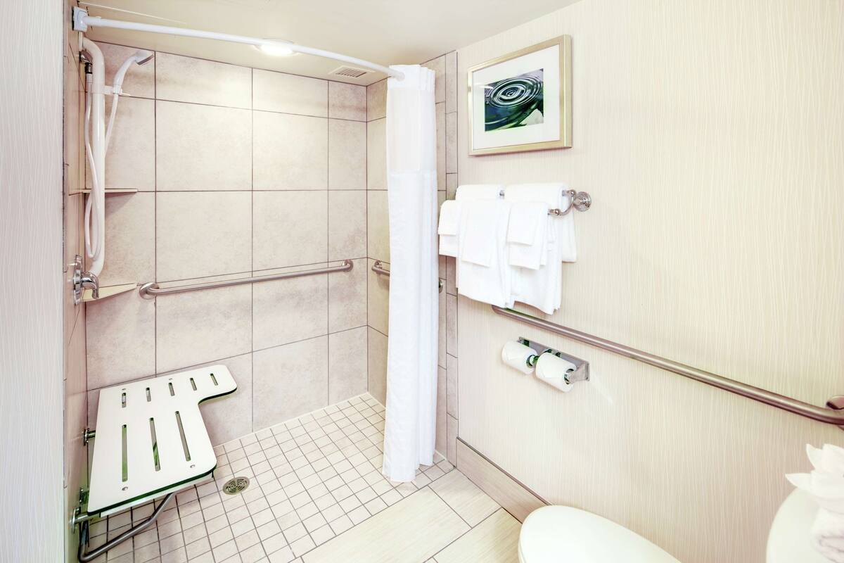 A bathroom with a shower, grab bars, a toilet, and a towel rack.