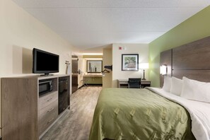 Down comforters, desk, blackout drapes, soundproofing