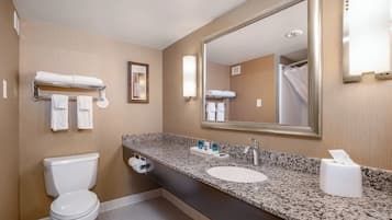 A bathroom with a toilet, sink, mirror, towel rack, and a framed picture on the wall.