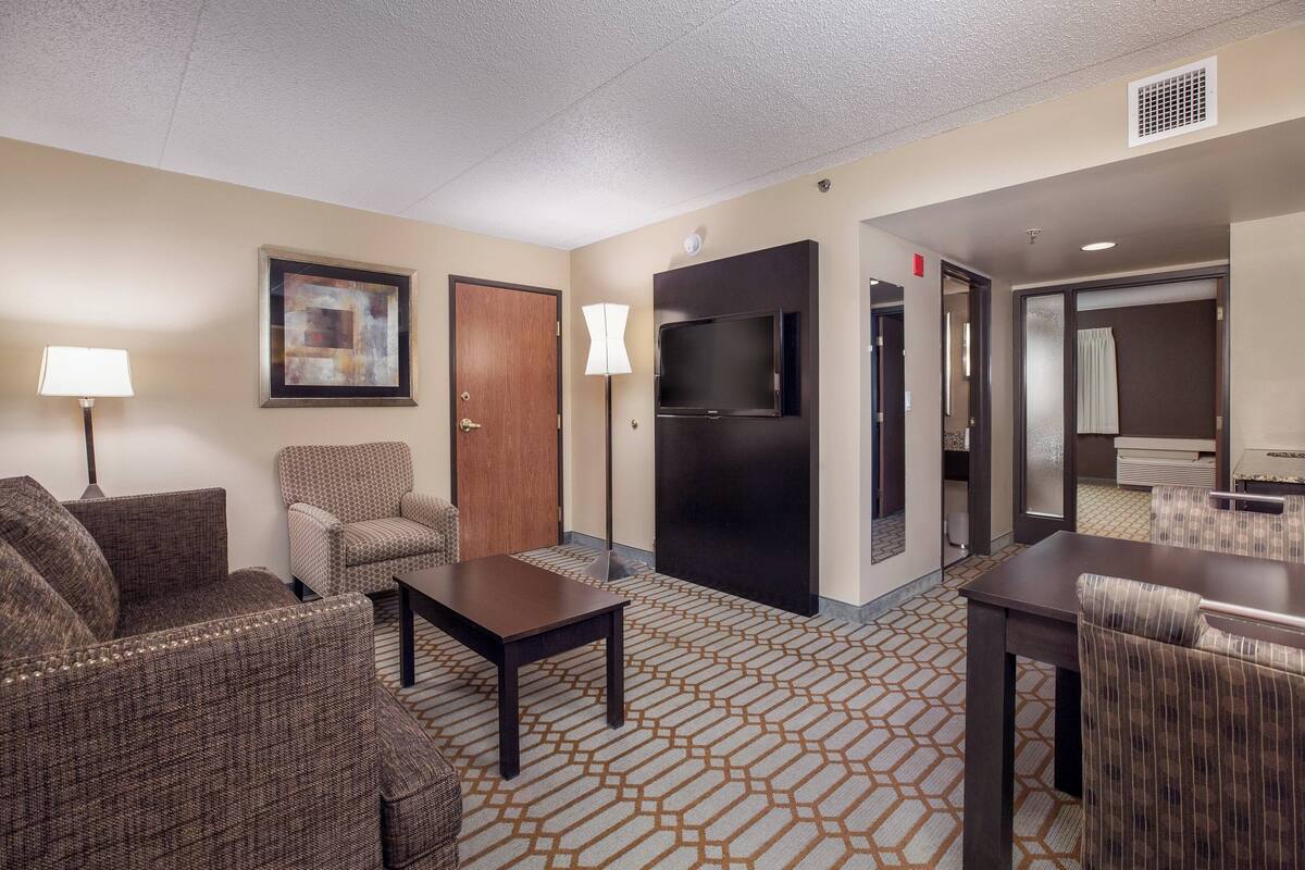 Une chambre d’hôtel équipée d’un canapé, d’un fauteuil, d’une table, d’une télévision et d’un tapis à motifs.