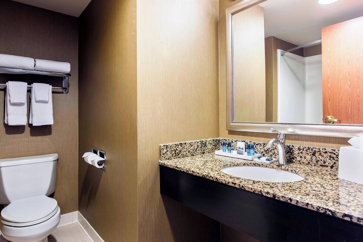 Une salle de bain comprenant des toilettes, un lavabo avec un plan de travail en granit et un miroir au-dessus du lavabo.