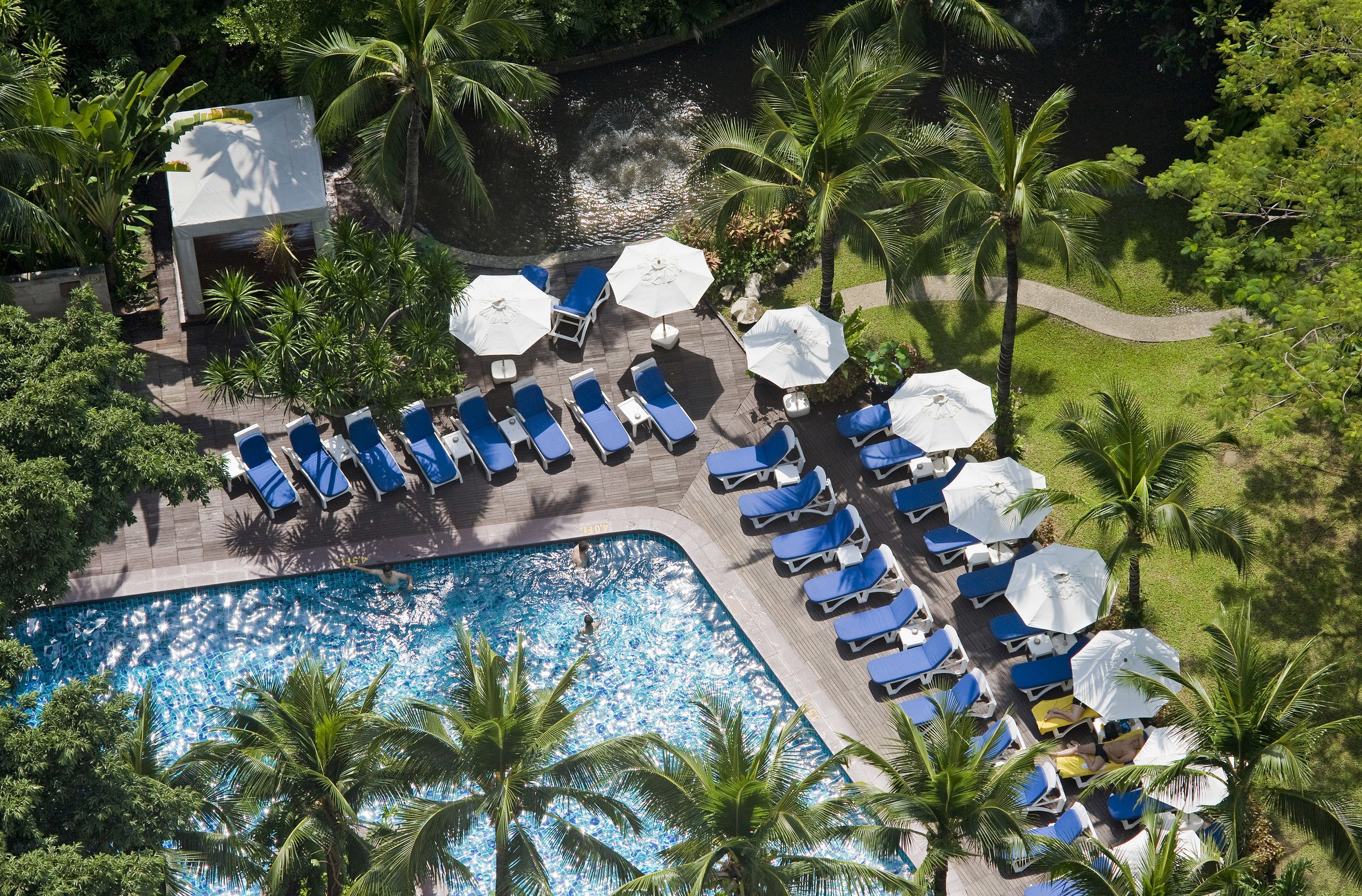 An aerial view of a resort with a swimming pool, sun loungers, and palm trees.