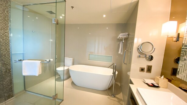 A modern bathroom with a glass-enclosed shower, a freestanding bathtub, and a separate toilet. - Sheraton Bandung Hotel & Towers (Bandung)