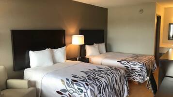 Desk, laptop workspace, blackout curtains, free WiFi