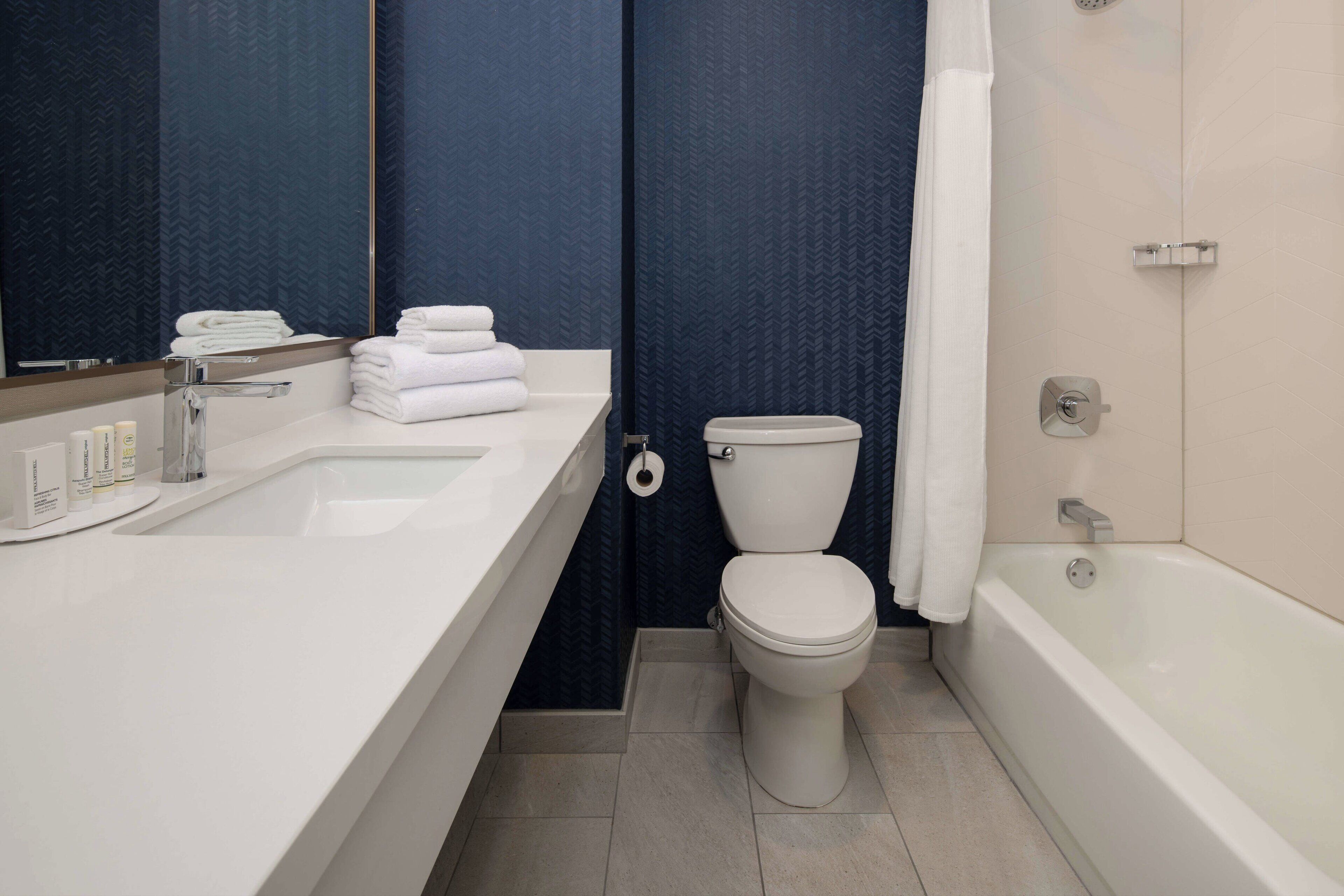 combined shower/bathtub, free toiletries, hair dryer, towels