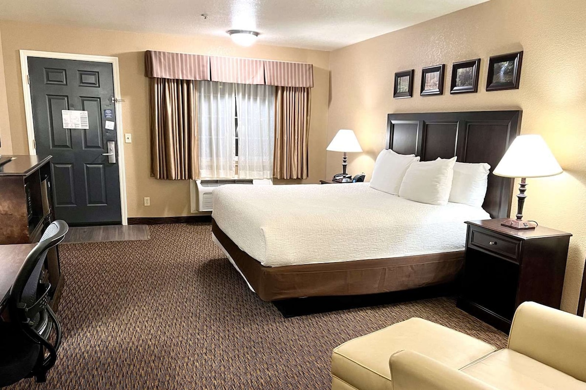 Premium bedding, desk, laptop workspace, blackout drapes