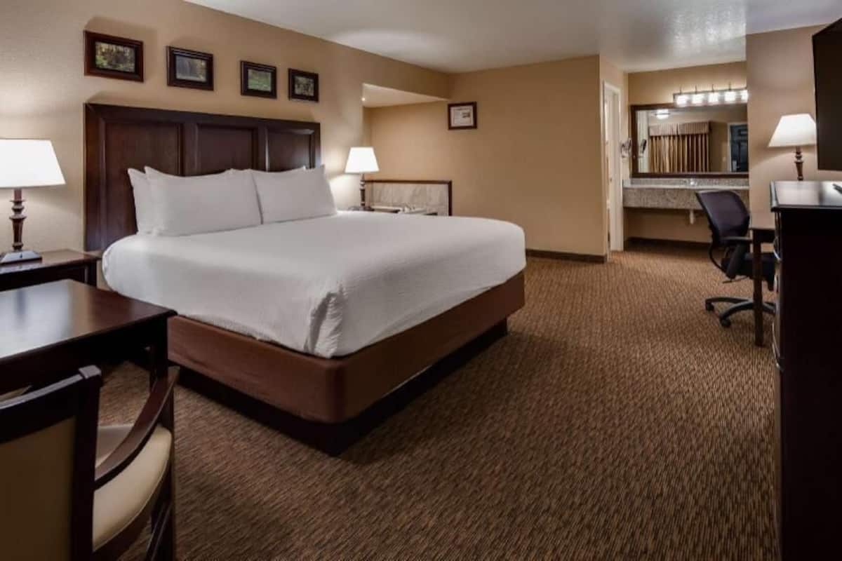 Premium bedding, desk, laptop workspace, blackout drapes