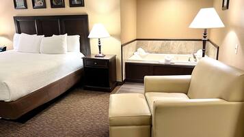 Premium bedding, desk, laptop workspace, blackout curtains