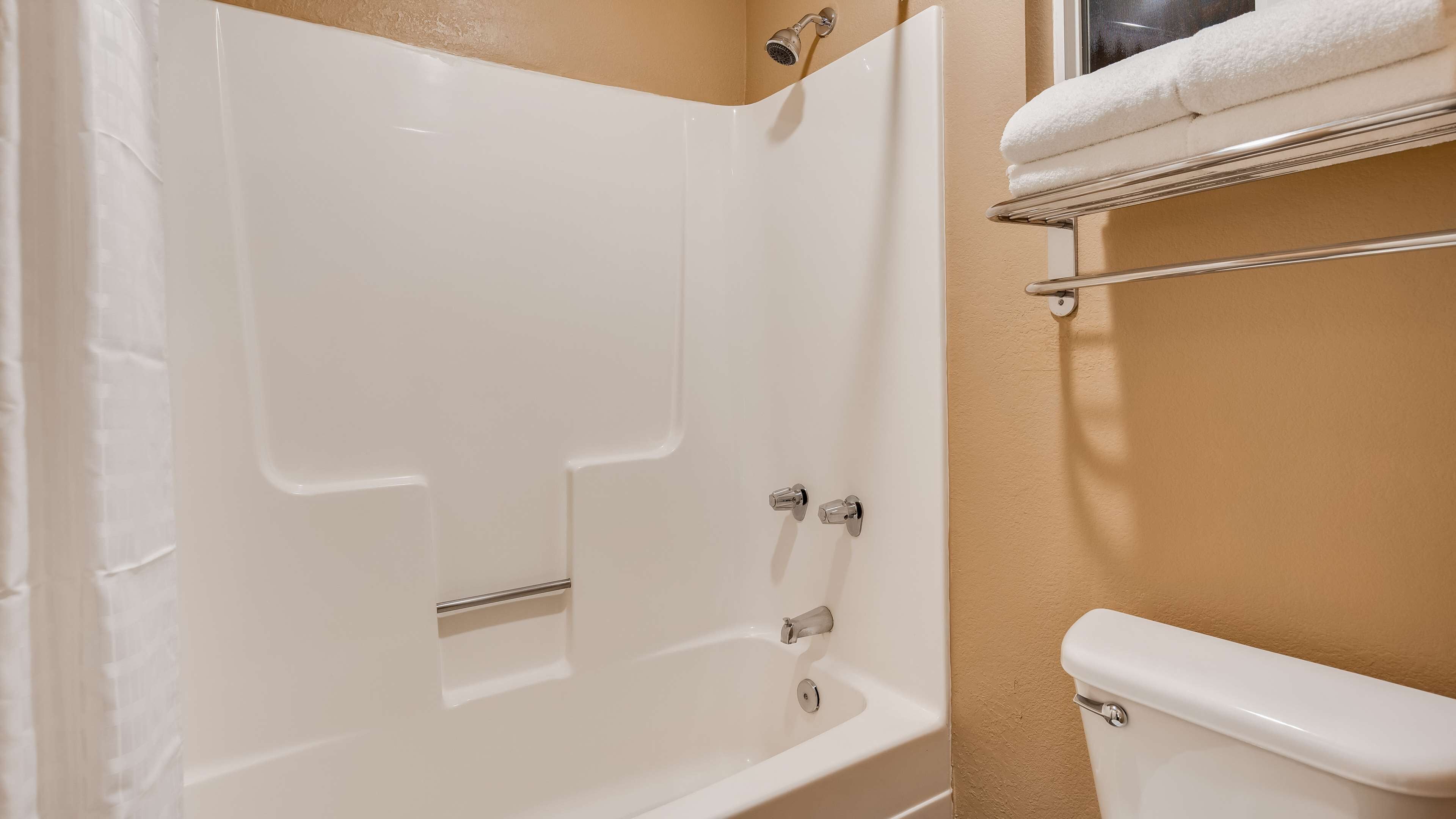 combined shower/bathtub, free toiletries, hair dryer, towels