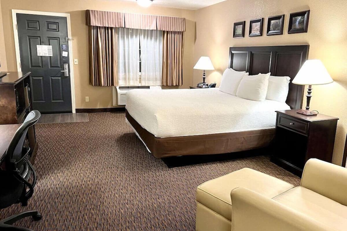 Premium bedding, desk, laptop workspace, blackout drapes