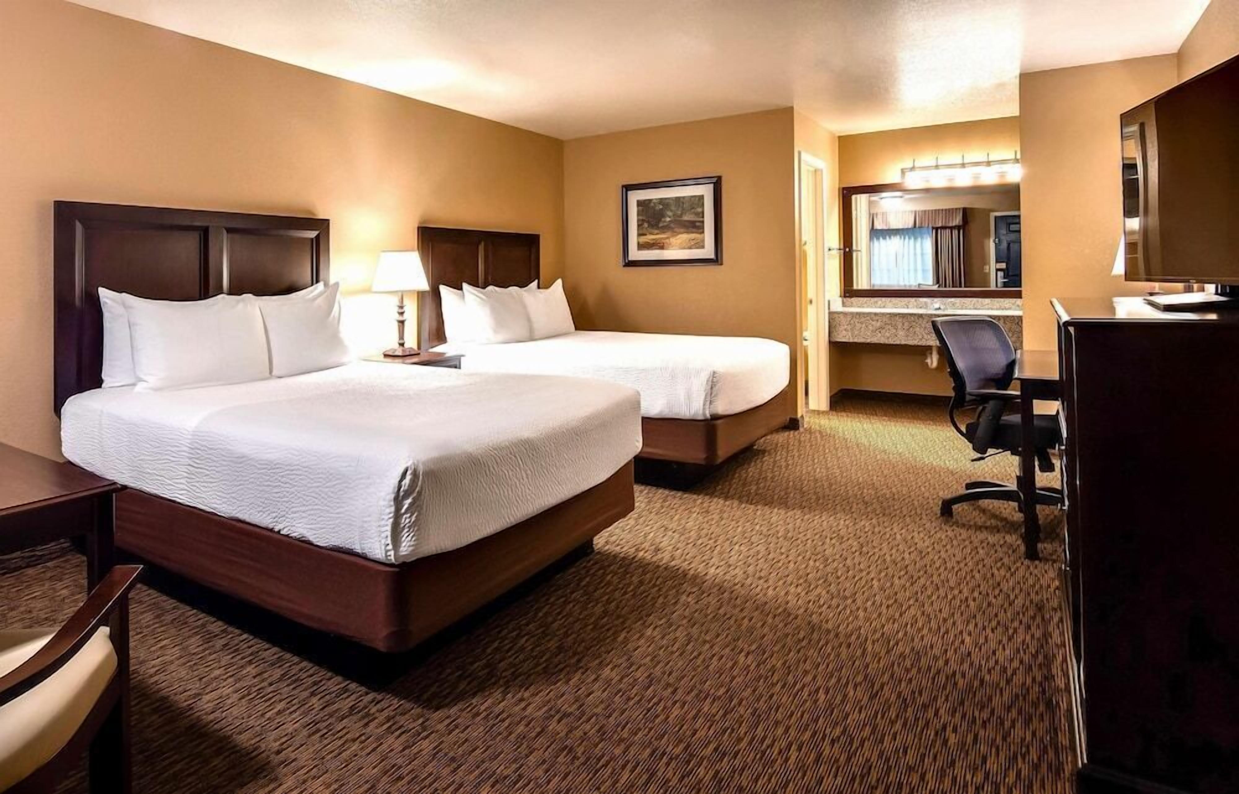 Premium bedding, desk, laptop workspace, blackout drapes
