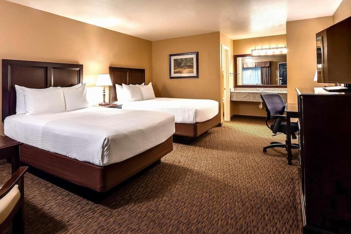 Premium bedding, desk, laptop workspace, blackout drapes