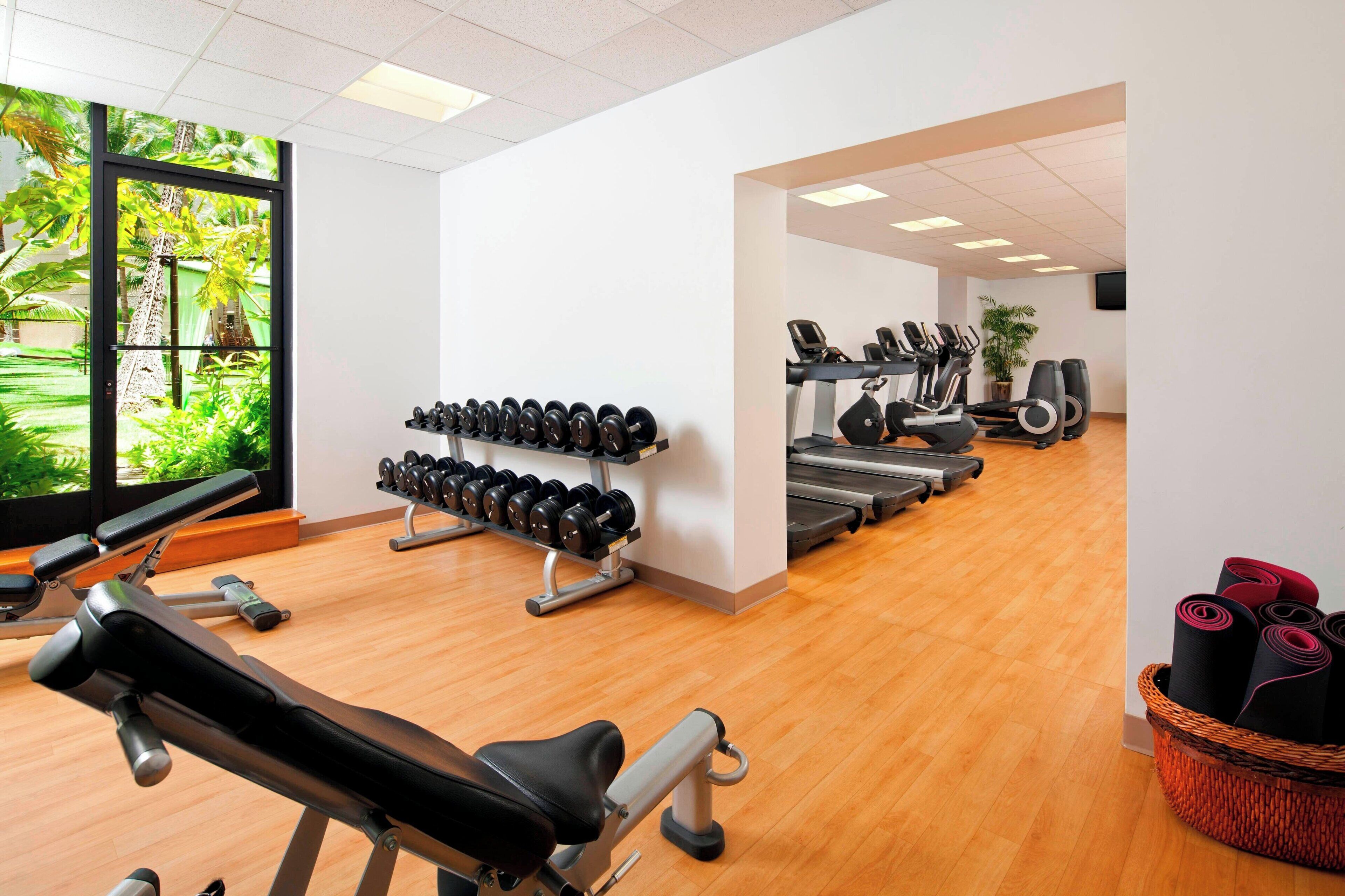 Un gimnasio con equipo de ejercicio, incluyendo mancuernas, cintas de correr y un banco.