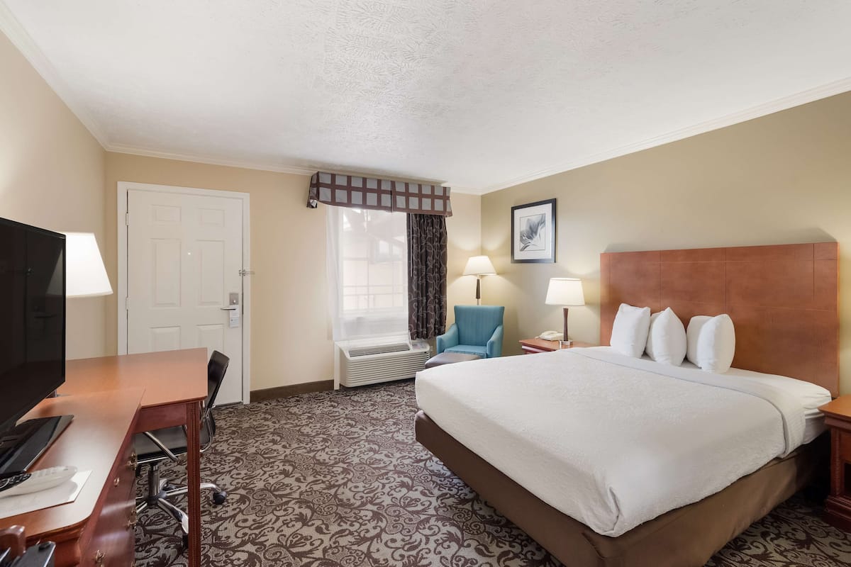 A hotel room with a bed, desk, chair, TV, and a window with curtains.
