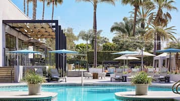 Outdoor pool, pool umbrellas, pool loungers