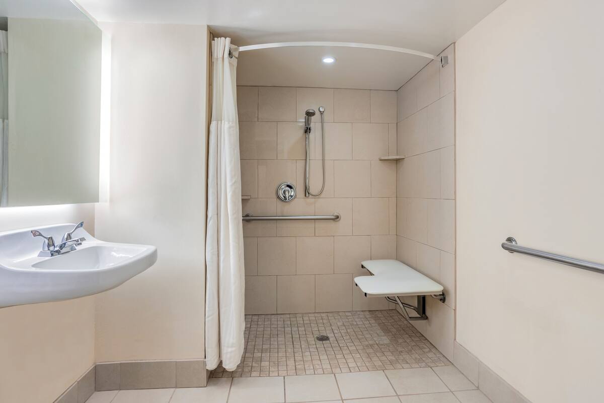 Chambre Standard, 1 très grand lit, douche accessible en fauteuil roulant (Standard View) | Salle de bain | Ensemble baignoire-douche, séchoir à cheveux, serviettes fournies, savon