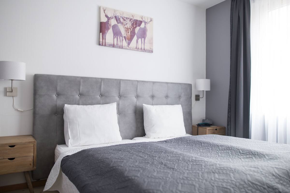 A neatly made bed with a grey headboard and white pillows, a bedside table with a lamp, and a wall-mounted artwork of deer.