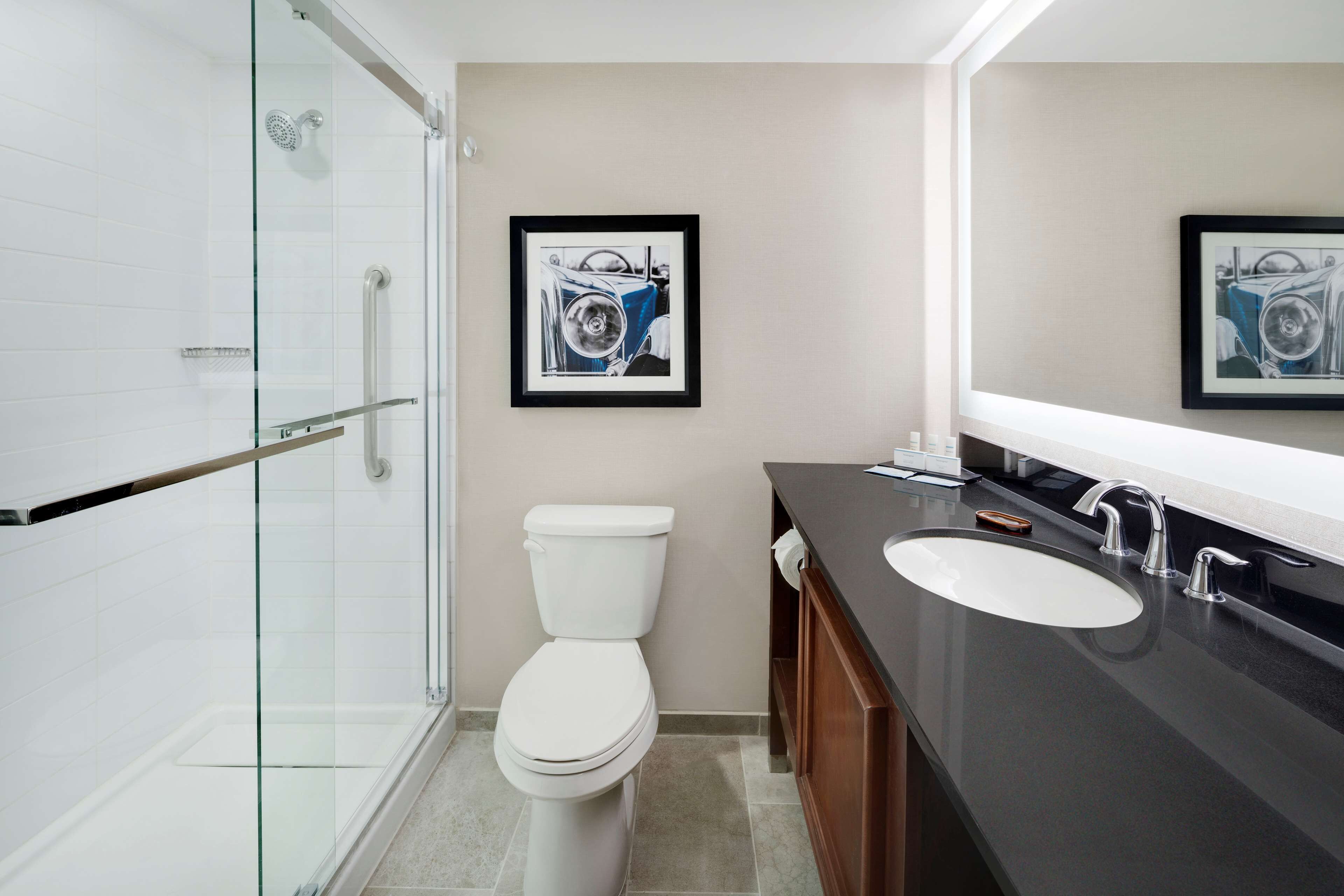 Een moderne badkamer met een glazen douchecabine, een wit toilet en een donkere wastafel met een grote spiegel.