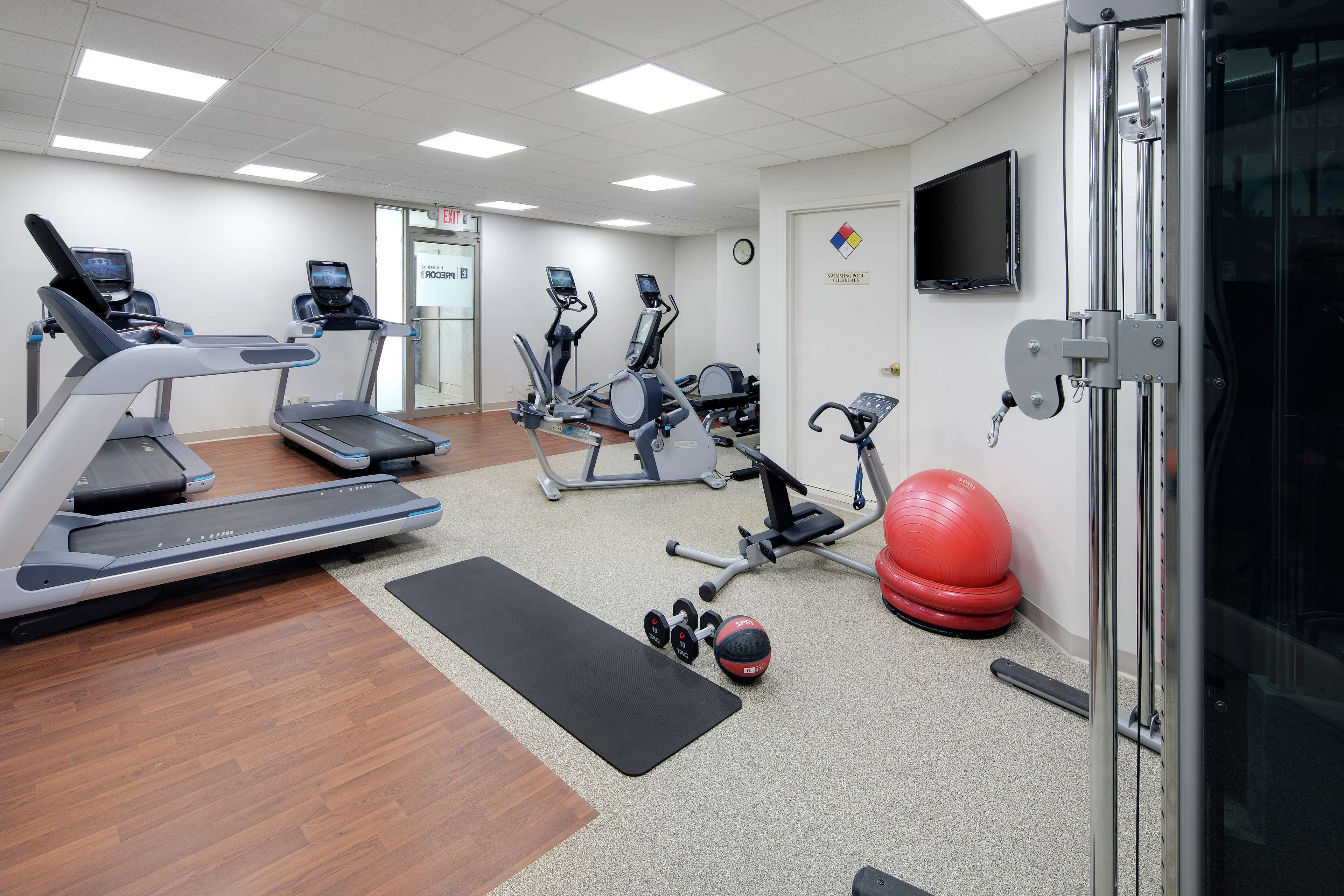 A gym with treadmills, elliptical machines, a stationary bike, and free weights.