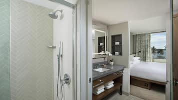 A hotel bathroom with a shower, a sink, a mirror, and a bed with a view.