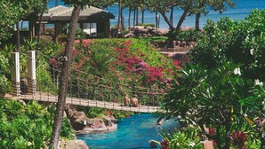 A pool area with a bridge, surrounded by lush greenery and a view of the sea.