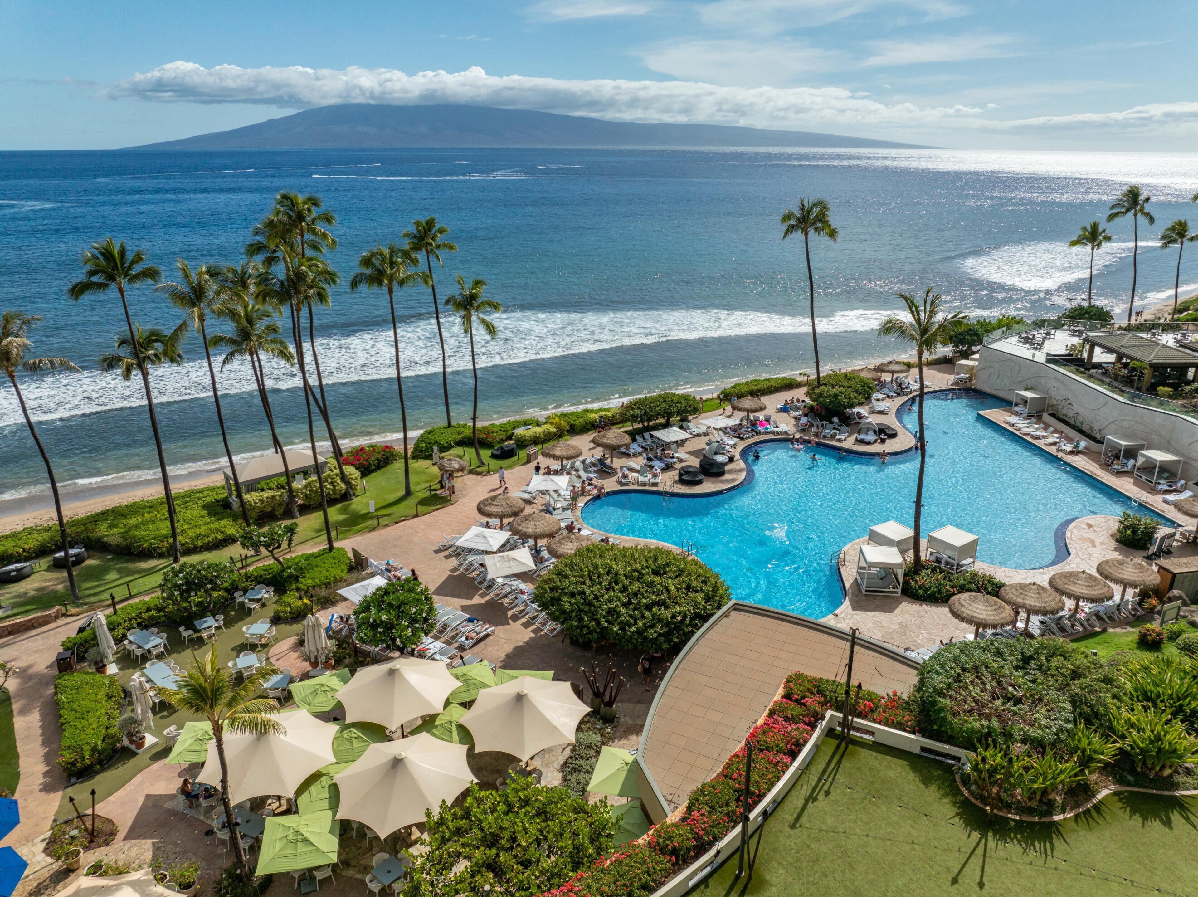 Ein Resort mit großem Pool, Palmen und Blick auf den Ozean.