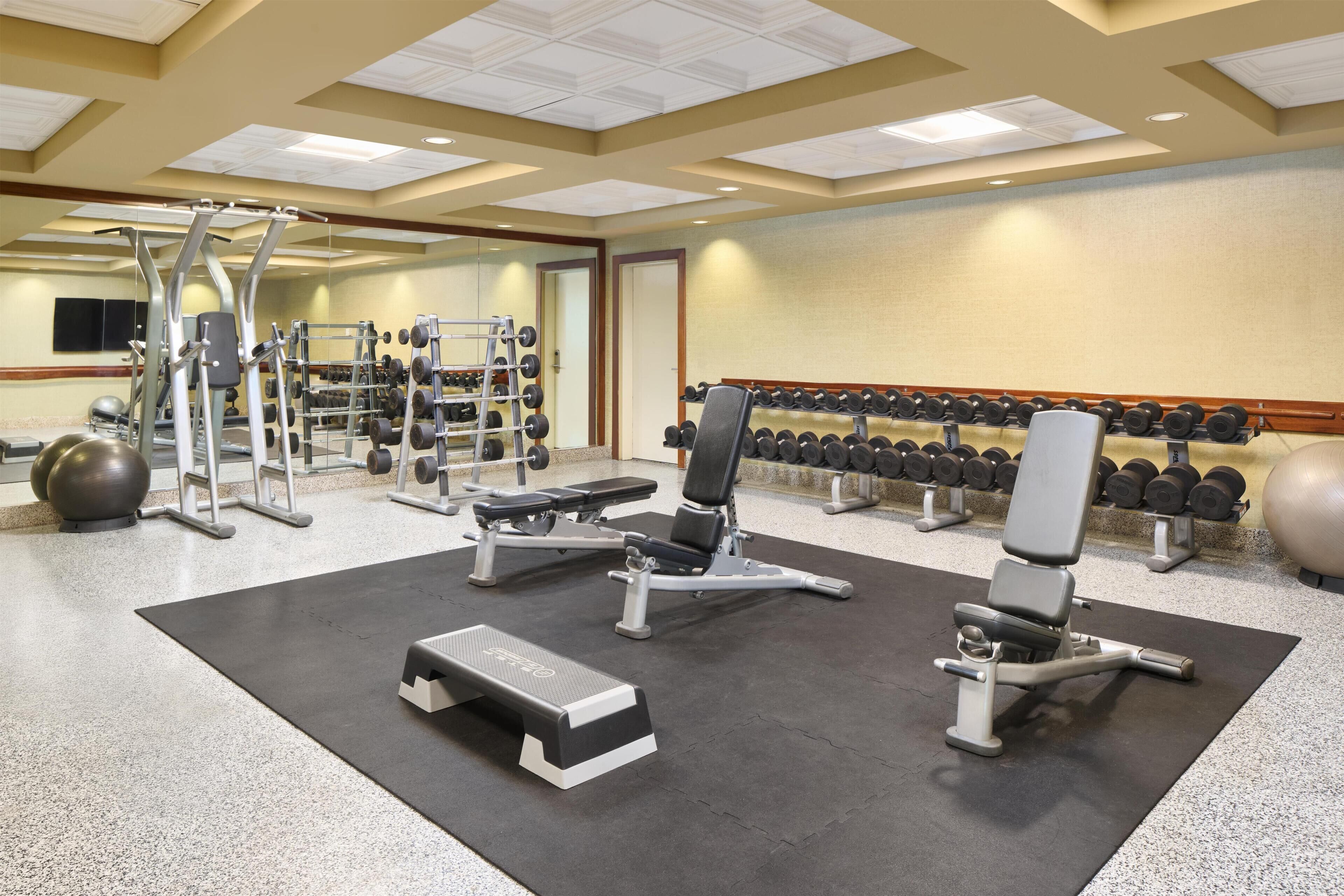 A gym with various exercise equipment, including weight machines, dumbbells, and exercise balls.