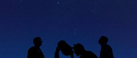Silhouettes of three people against a starry night sky.
