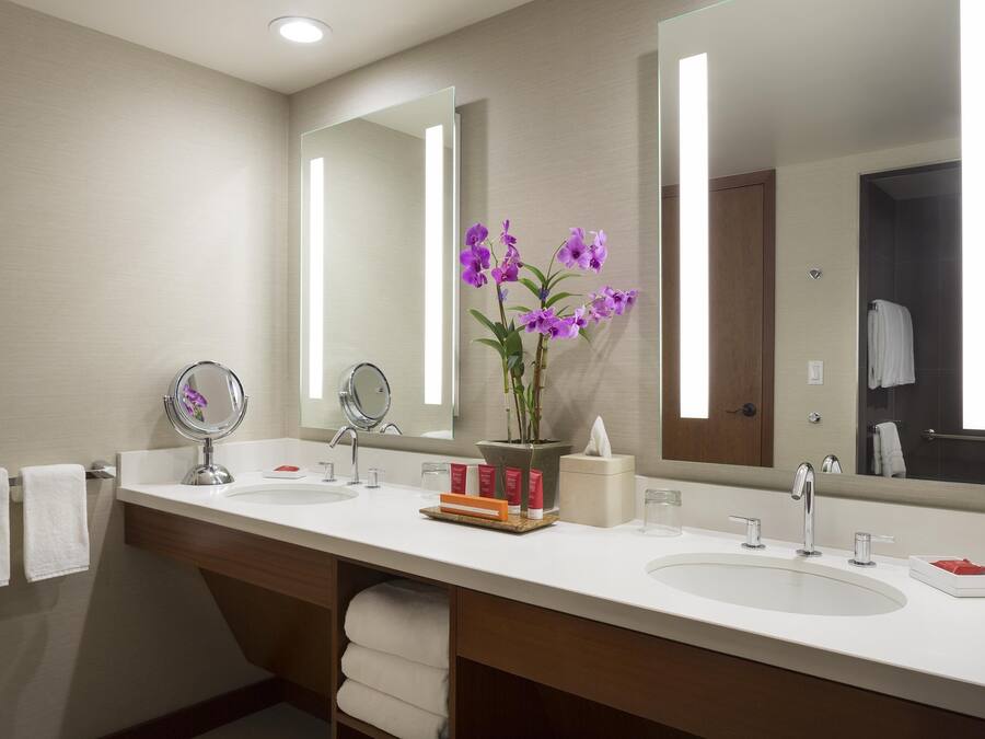 Ein modernes Badezimmer mit zwei Waschbecken, einem großen Spiegel und einem Topf mit einer Orchidee.