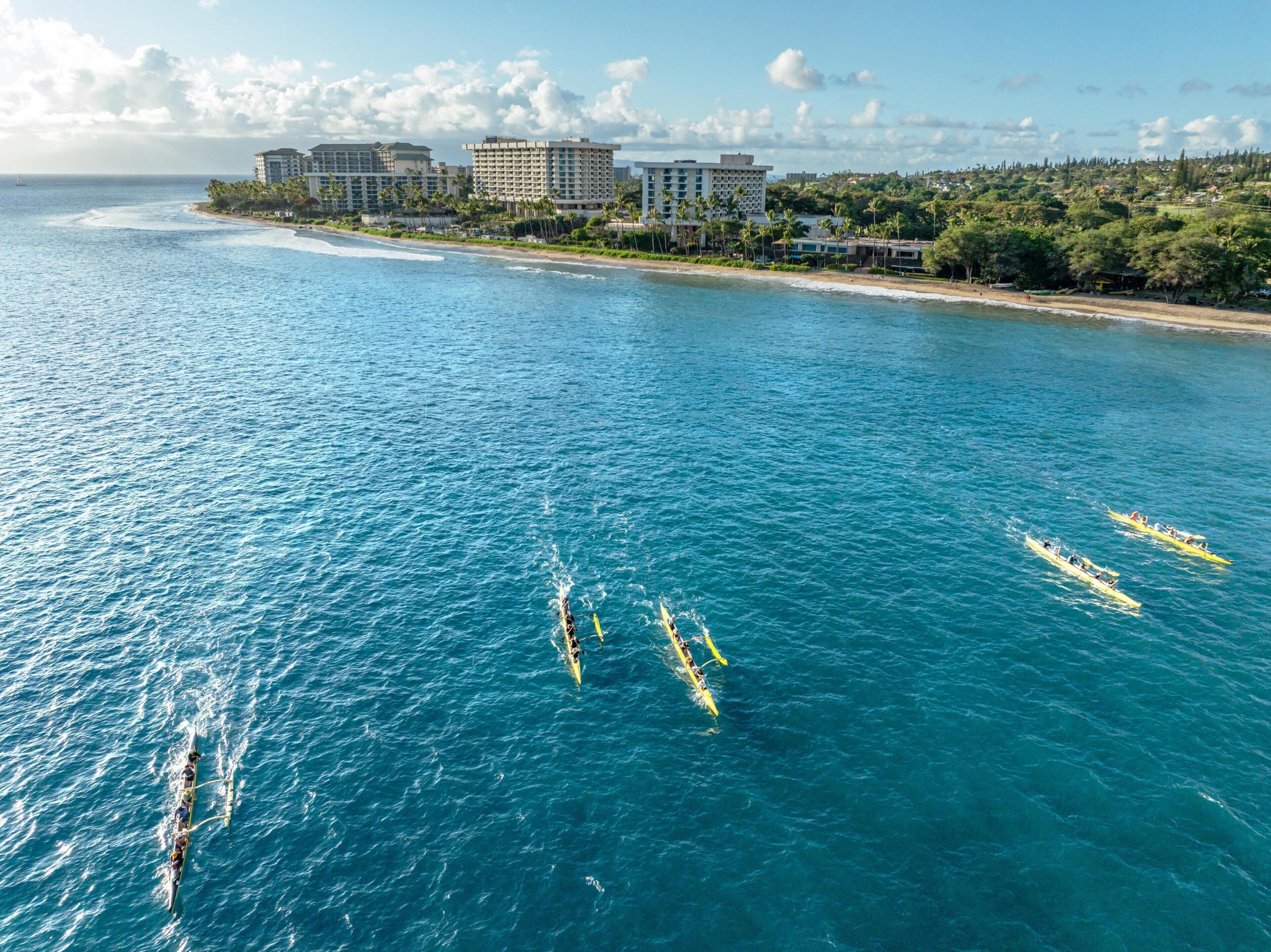 A coastal view with a beach, ocean, and hotel buildings.