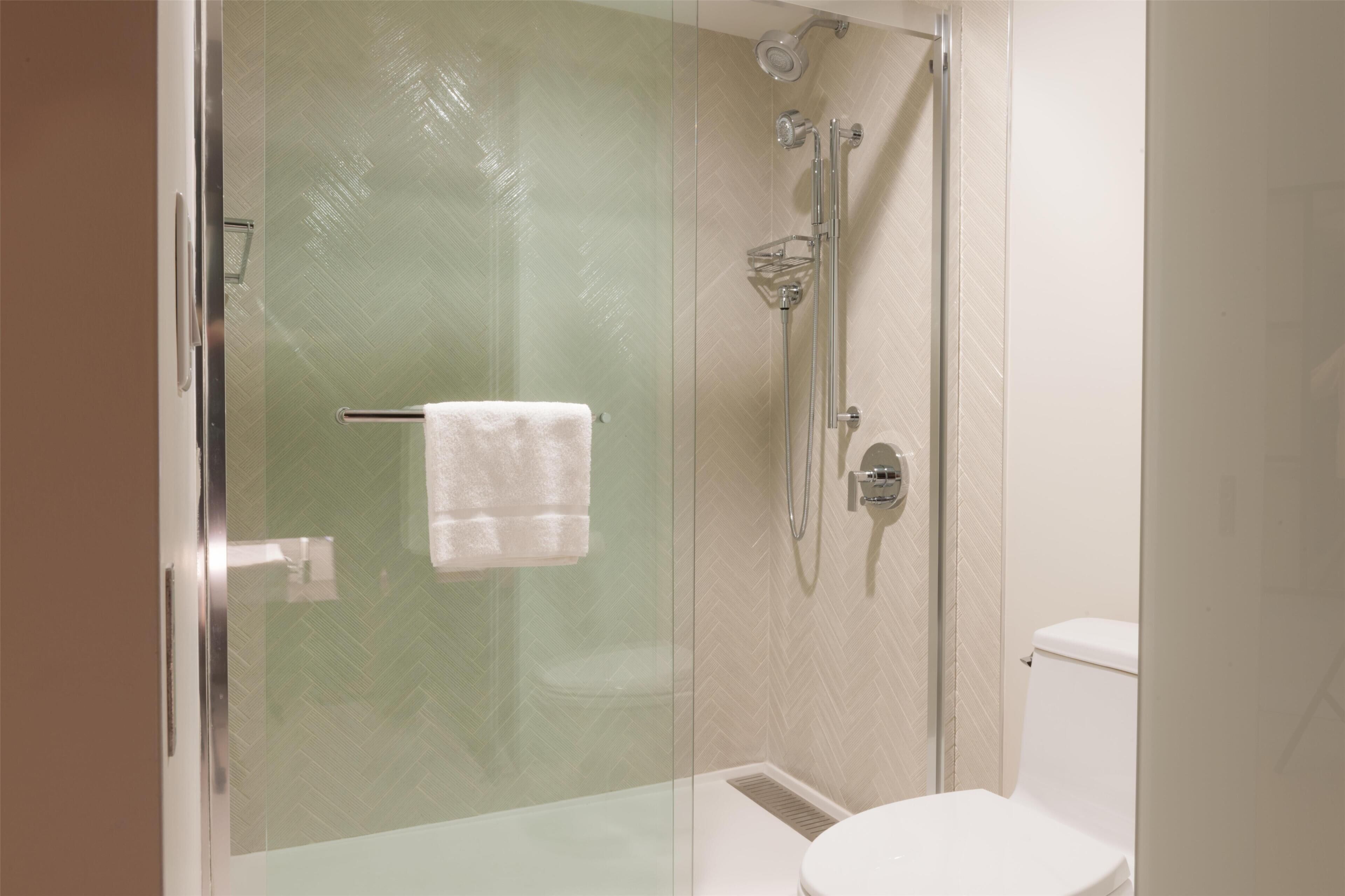 A bathroom with a glass-enclosed shower, a toilet, and a towel rack.