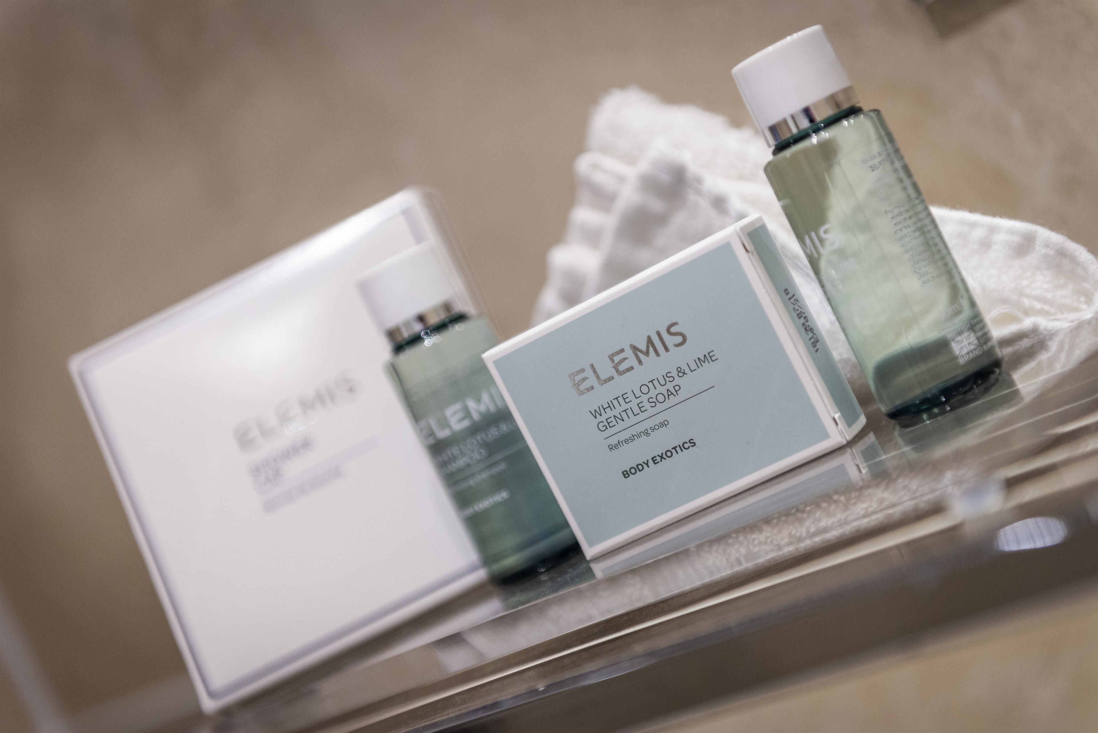 A display of Elemis White Lotus & Lemis Gentle Soap on a shelf.