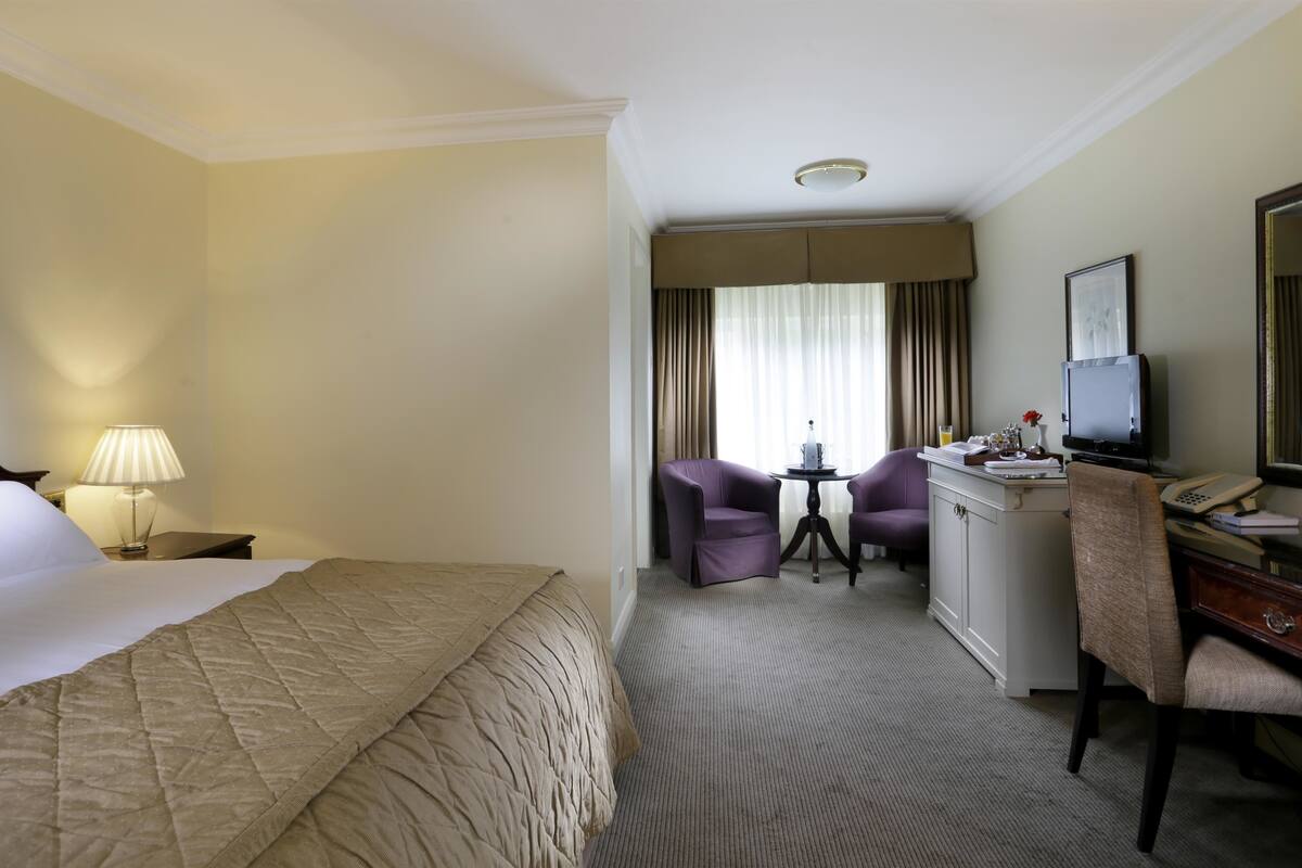Habitación de hotel con cama, escritorio y silla, televisor y una mesita de noche con lámpara.