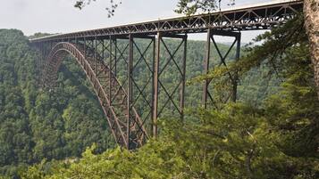 Eine große Stahlbrücke überspannt ein tiefes Tal, flankiert von dichtem Wald.