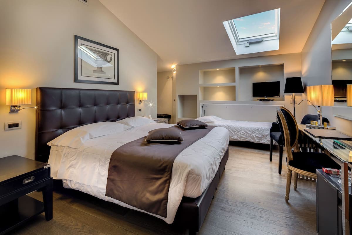 A hotel room with a large bed, a desk, a chair, a TV, and a skylight.