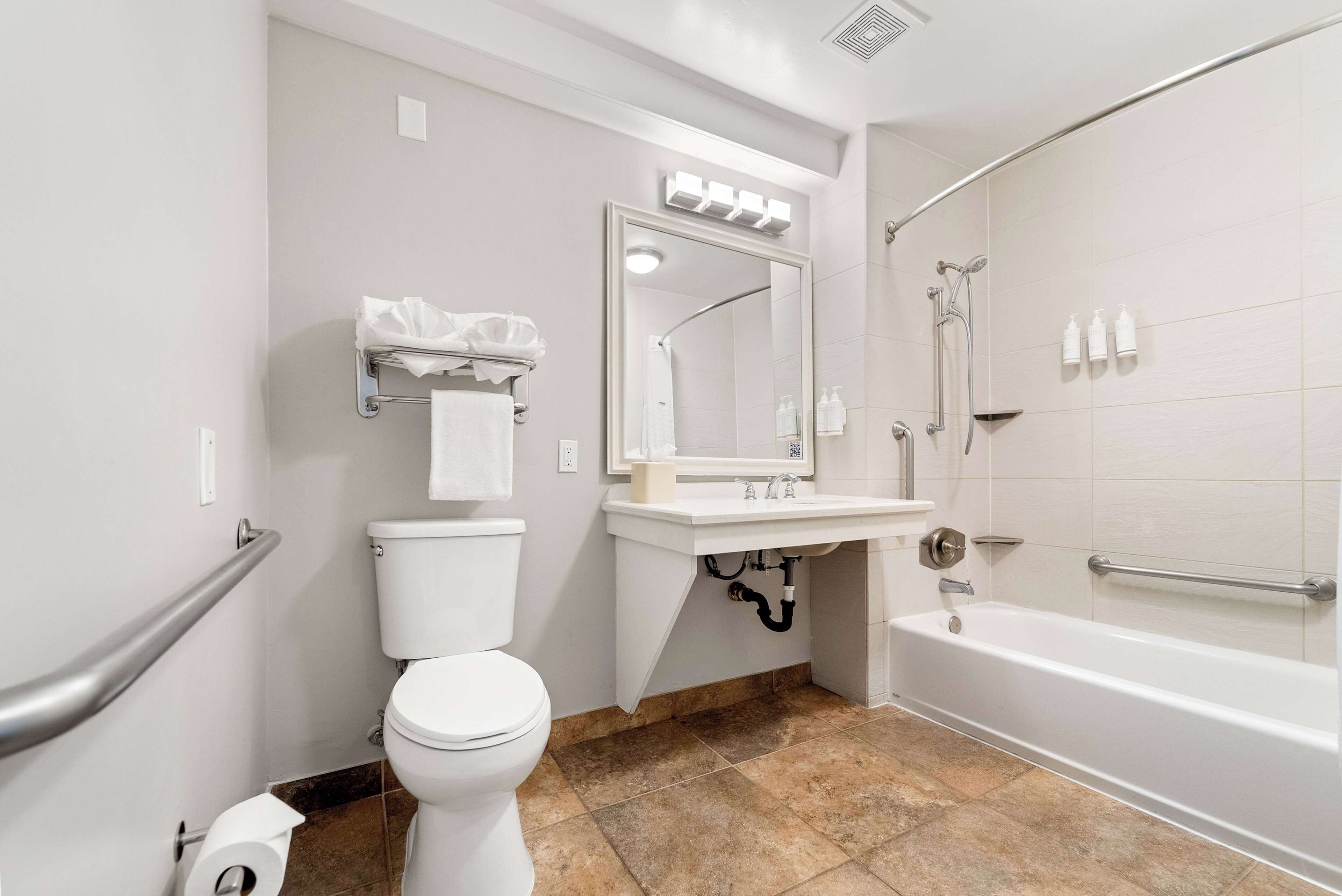 A bathroom with a toilet, sink, mirror, shower, and grab bars.