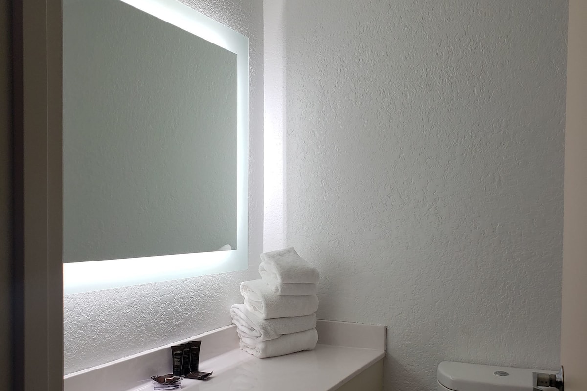 Combined shower/tub, free toiletries, hair dryer, towels