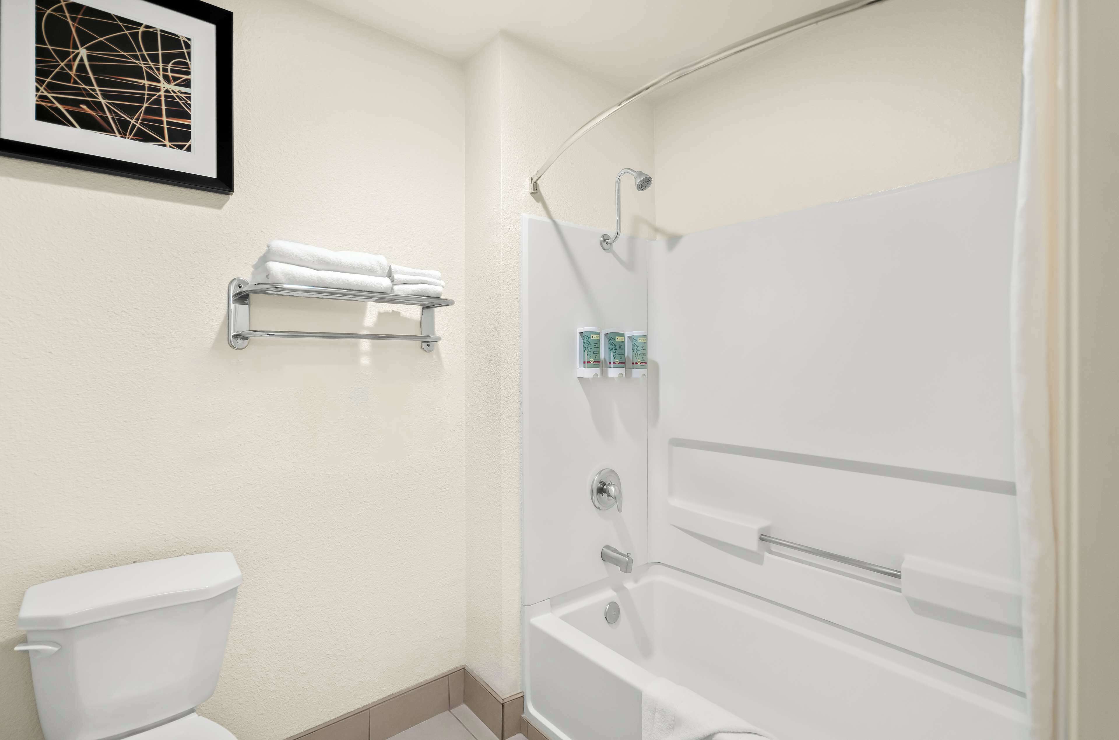 combined shower/bathtub, free toiletries, hair dryer, towels