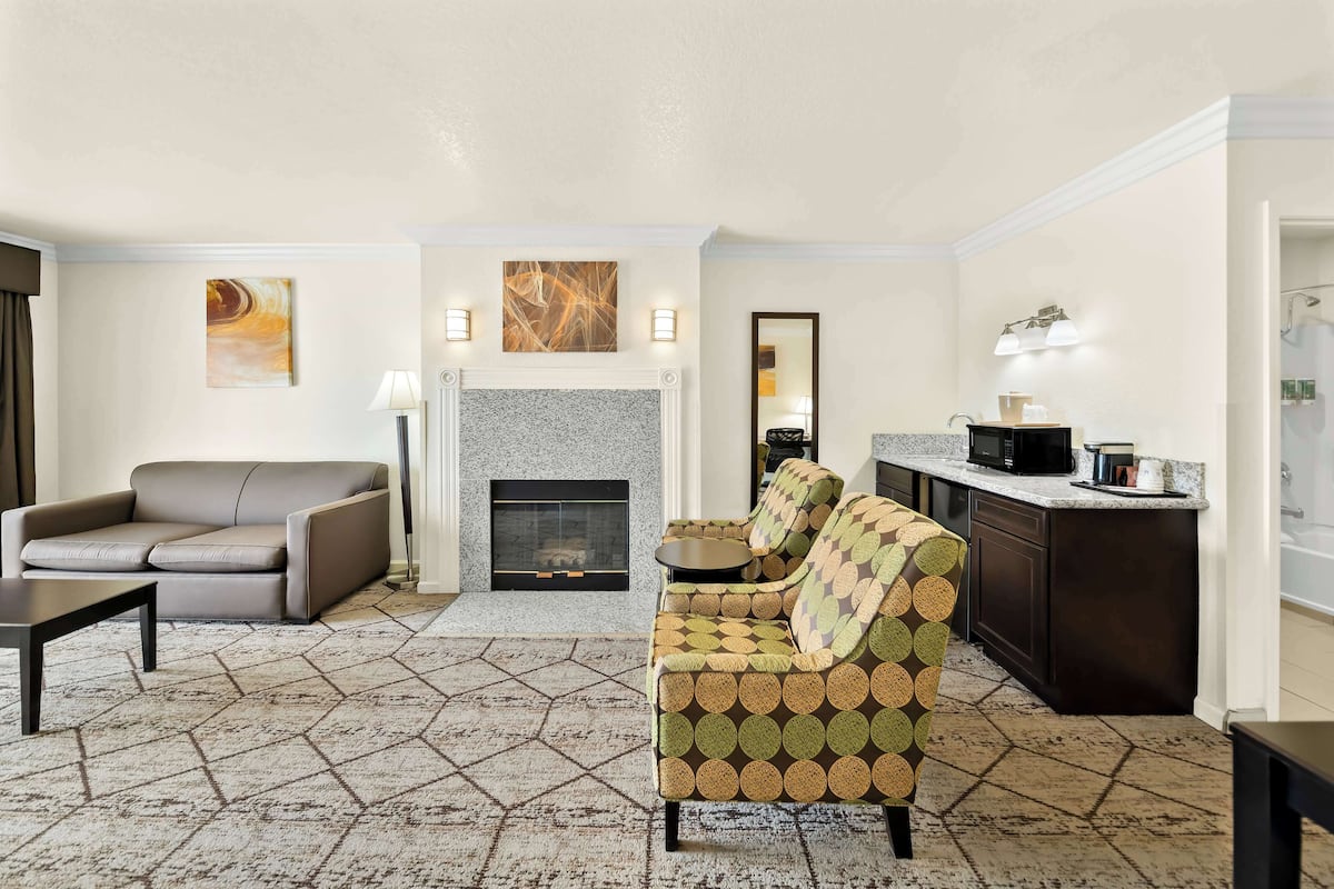 suite, 1 king bed, non smoking, refrigerator & microwave | iron/ironing board, bed sheets