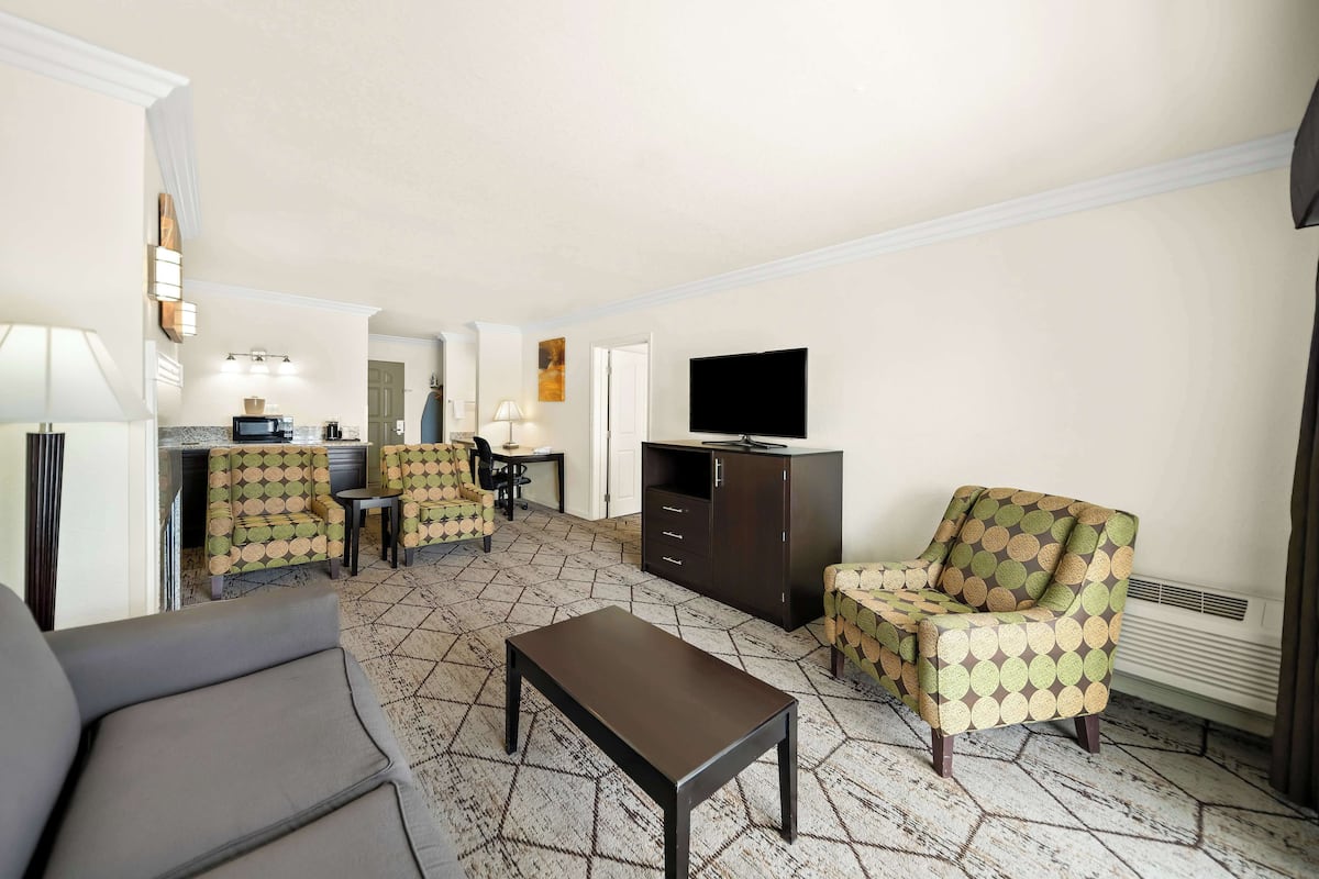 suite, 1 king bed, non smoking, refrigerator & microwave | iron/ironing board, bed sheets