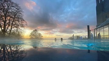 Indoor pool, outdoor pool, sun loungers