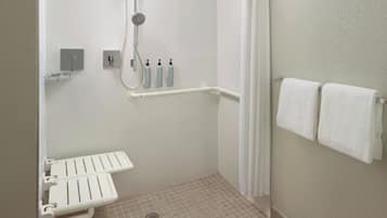Un petit espace douche fermé, équipé de toilettes blanches, de barres d’appui et d’un pommeau de douche.