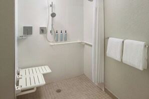 Accessible shower area with handheld showerhead, grab bars, and a shower seat.