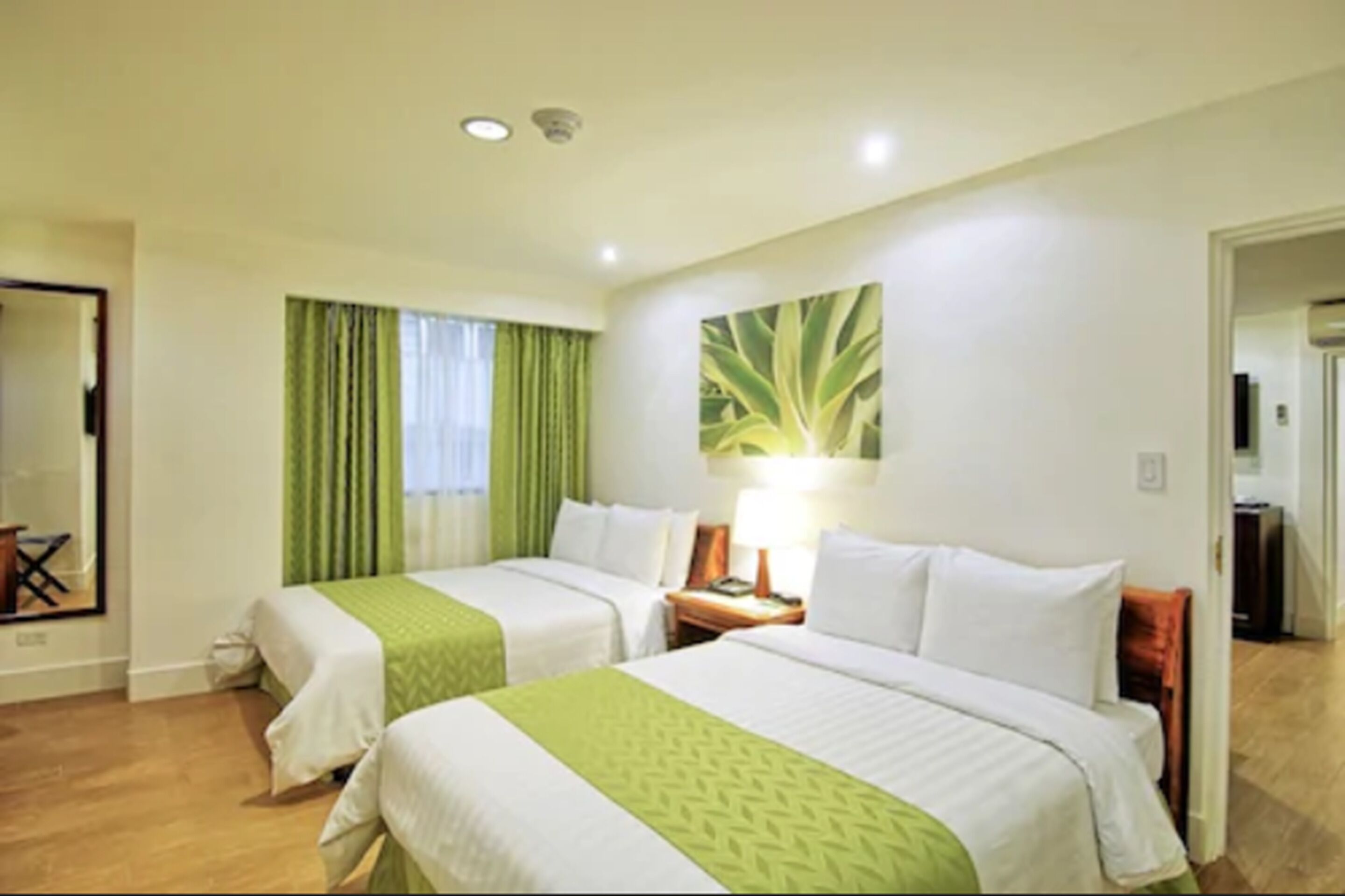Une chambre d’hôtel avec deux lits, un rideau vert, une plante fixée au mur et une table de chevet avec une lampe.