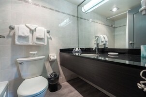 A modern bathroom with a toilet, sink, and mirror.