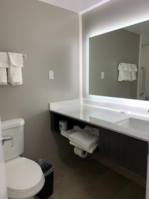 Combined shower/tub, hair dryer, towels