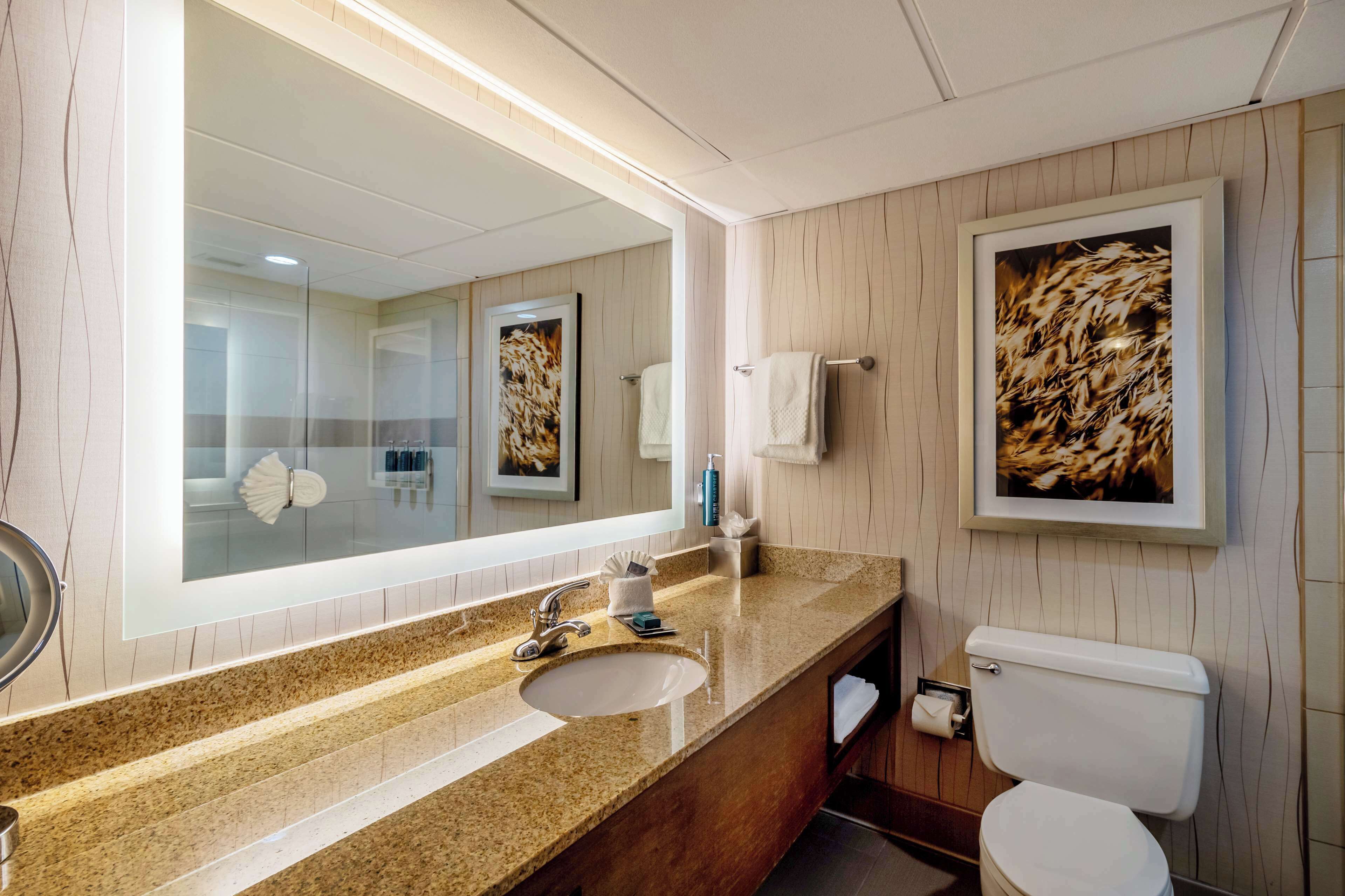 Un baño moderno con un espejo grande, encimera de granito, lavabo e inodoro.