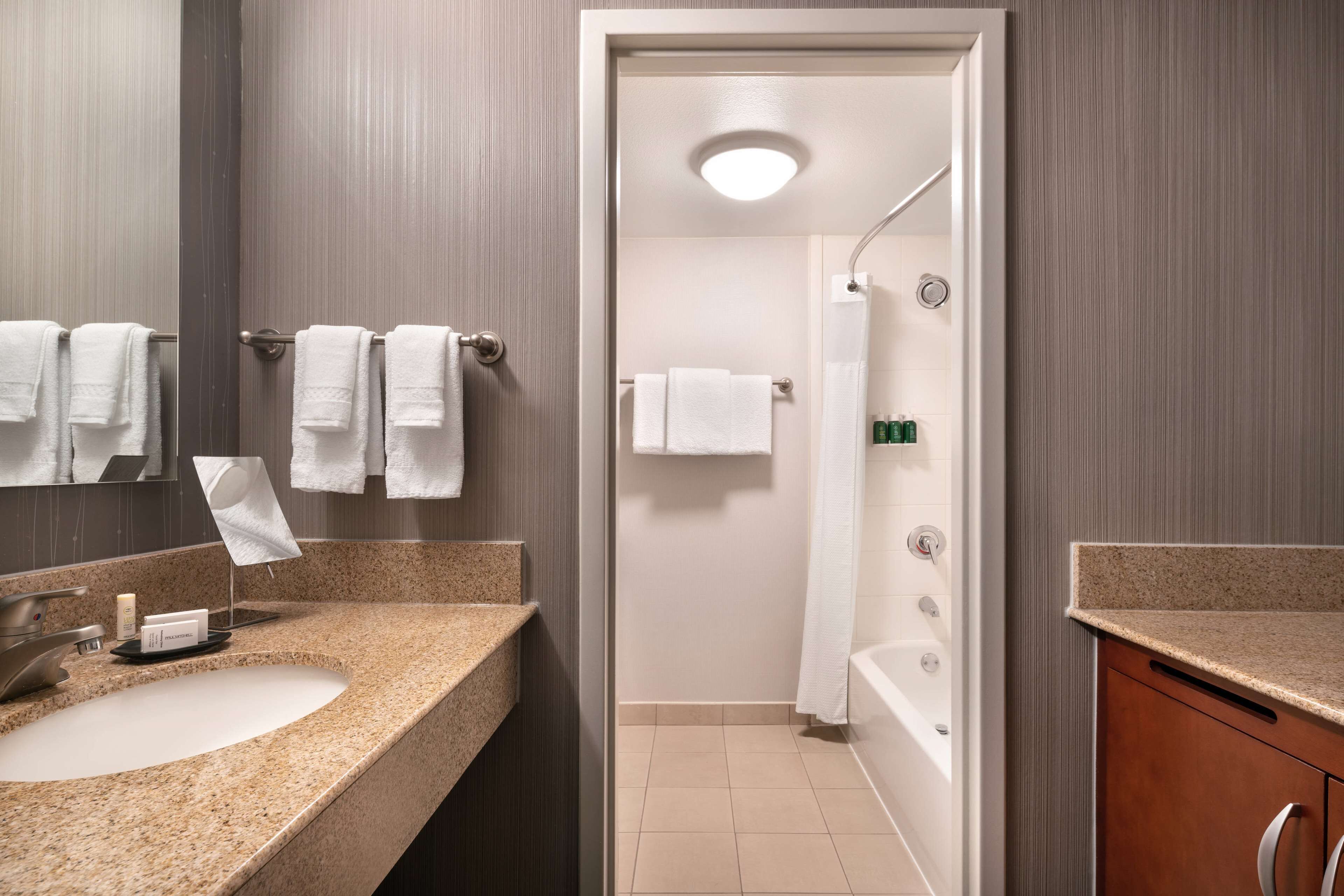 combined shower/bathtub, free toiletries, hair dryer, towels